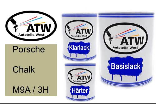 Porsche, Chalk, M9A / 3H: 1L Lackdose + 1L Klarlack + 500ml Härter - Set, von ATW Autoteile West.
